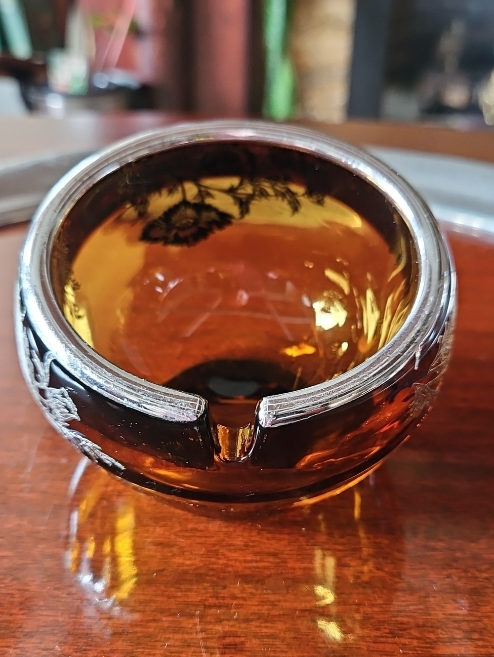 MCM 1950s/60s Viking Glass Amber & Sterling Silver Overlay Poppy Ashtray